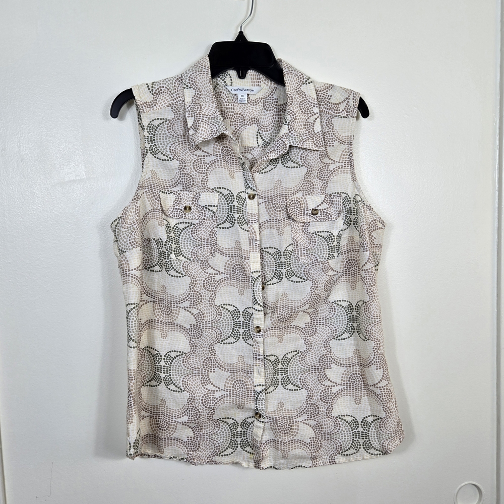 Croft & Barrow Women Sleeveless Dot Pattern Lightweight Linenโ Button Top XL